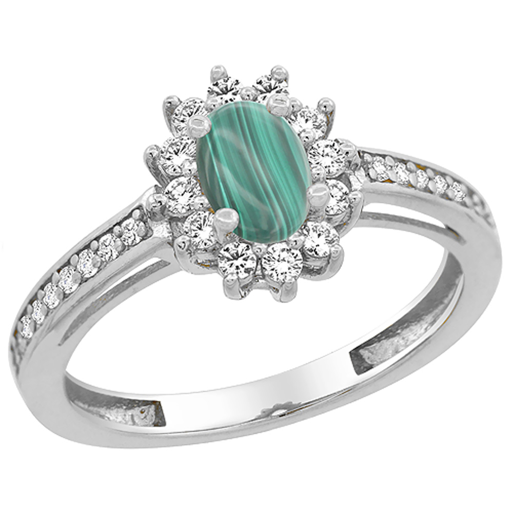 14K White Gold Natural Malachite Flower Halo Ring Oval 6x4mm Diamond Accents, sizes 5 - 10