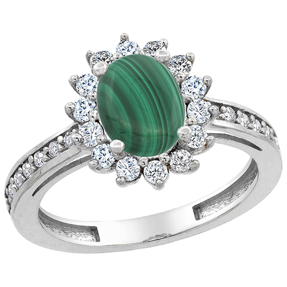 14K White Gold Natural Malachite Floral Halo Ring Oval 8x6mm Diamond Accents, sizes 5 - 10
