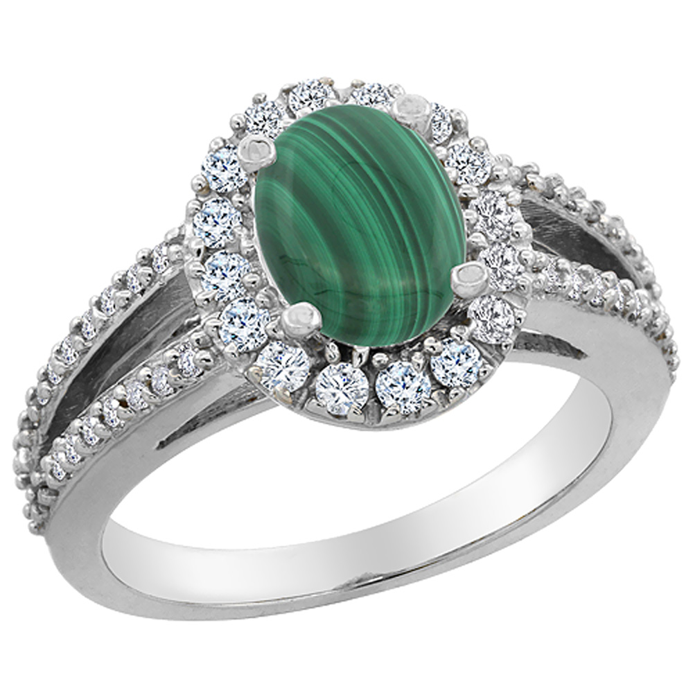 14K White Gold Natural Malachite Halo Ring Oval 8x6 mm with Diamond Accents, sizes 5 - 10