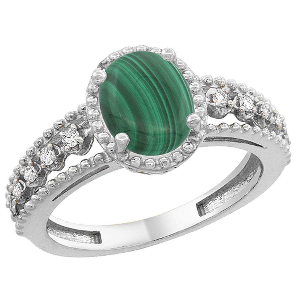 10K White Gold Natural Malachite Ring Oval 8x6 mm Floating Diamond Accents, sizes 5 - 10