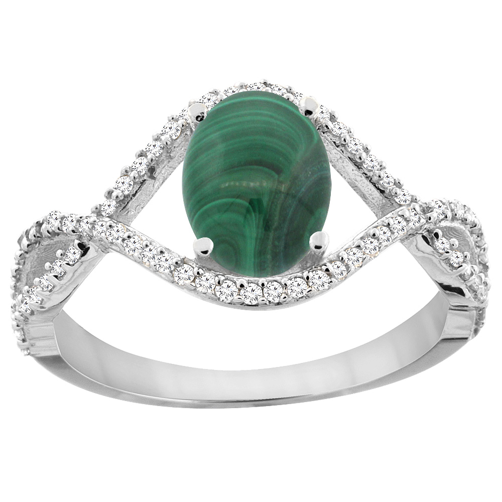 14K White Gold Natural Malachite Ring Oval 8x6 mm Infinity Diamond Accents, sizes 5 - 10