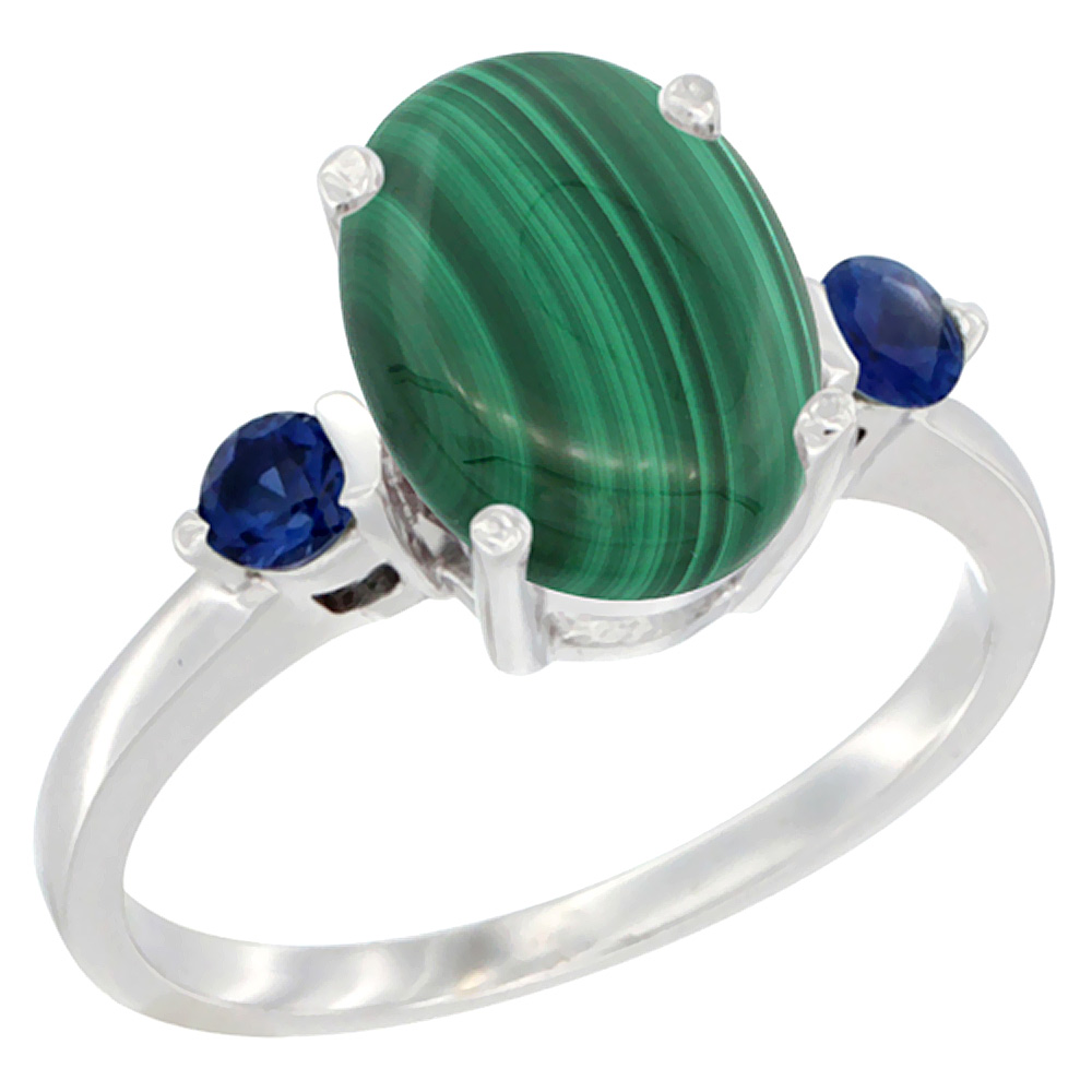 10K White Gold 10x8mm Oval Natural Malachite Ring for Women Blue Sapphire Side-stones sizes 5 - 10