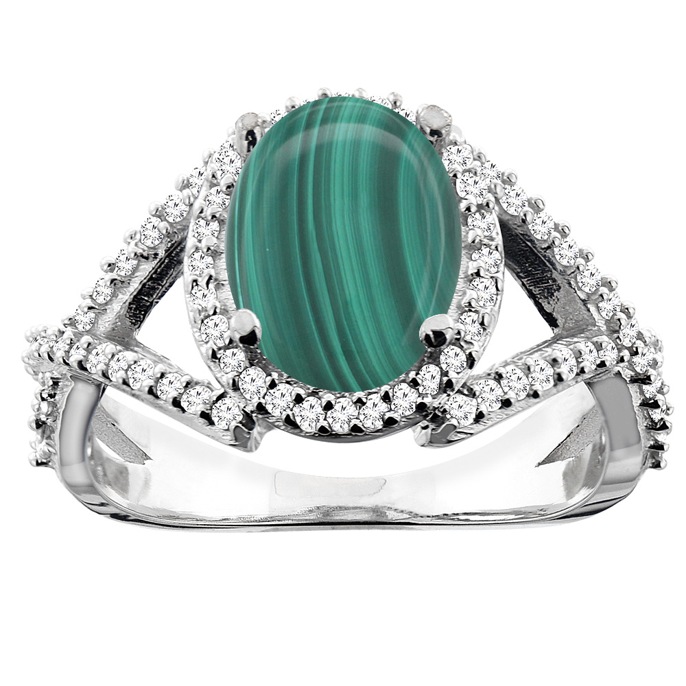 10K White/Yellow/Rose Gold Natural Malachite Ring Oval 10x8mm Diamond Accent, sizes 5 - 10