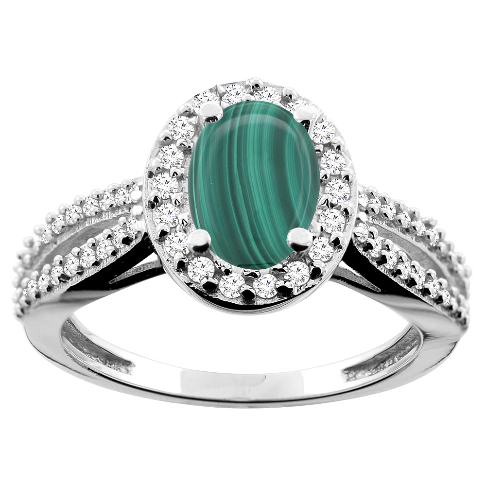 10K White/Yellow/Rose Gold Natural Malachite Ring Oval 8x6mm Diamond Accent, sizes 5 - 10
