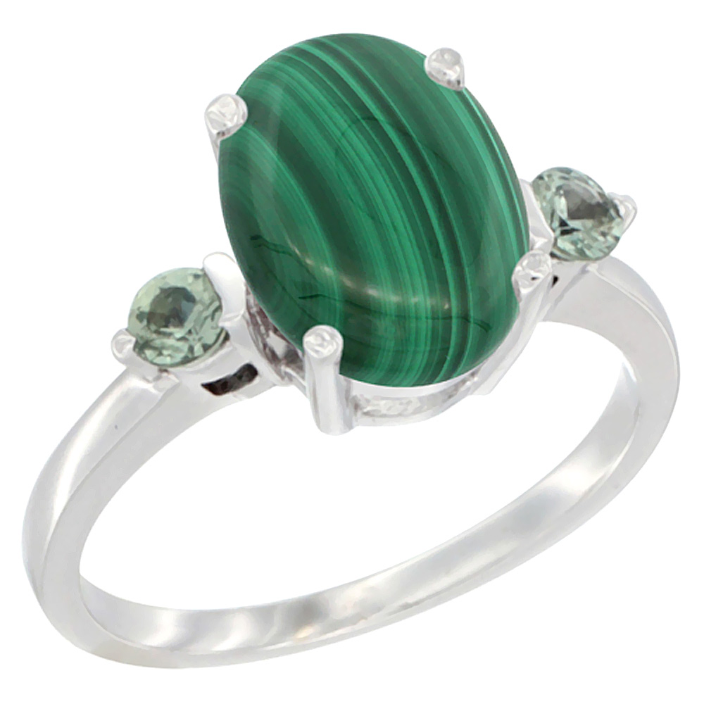 10K White Gold 10x8mm Oval Natural Malachite Ring for Women Green Sapphire Side-stones sizes 5 - 10