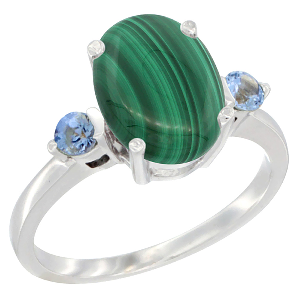 10K White Gold 10x8mm Oval Natural Malachite Ring for Women Light Blue Sapphire Side-stones sizes 5 - 10