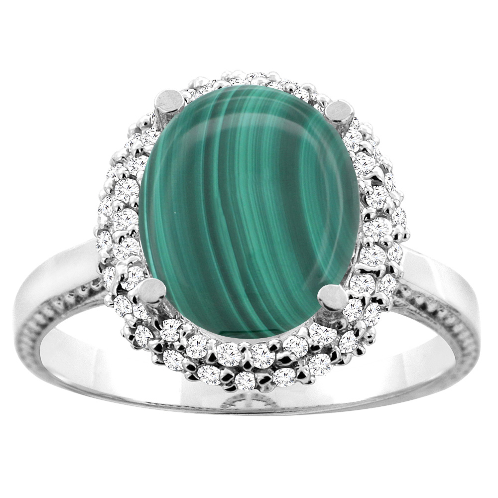 10K White/Yellow Gold Natural Malachite Double Halo Ring Oval 10x8mm Diamond Accent, sizes 5 - 10