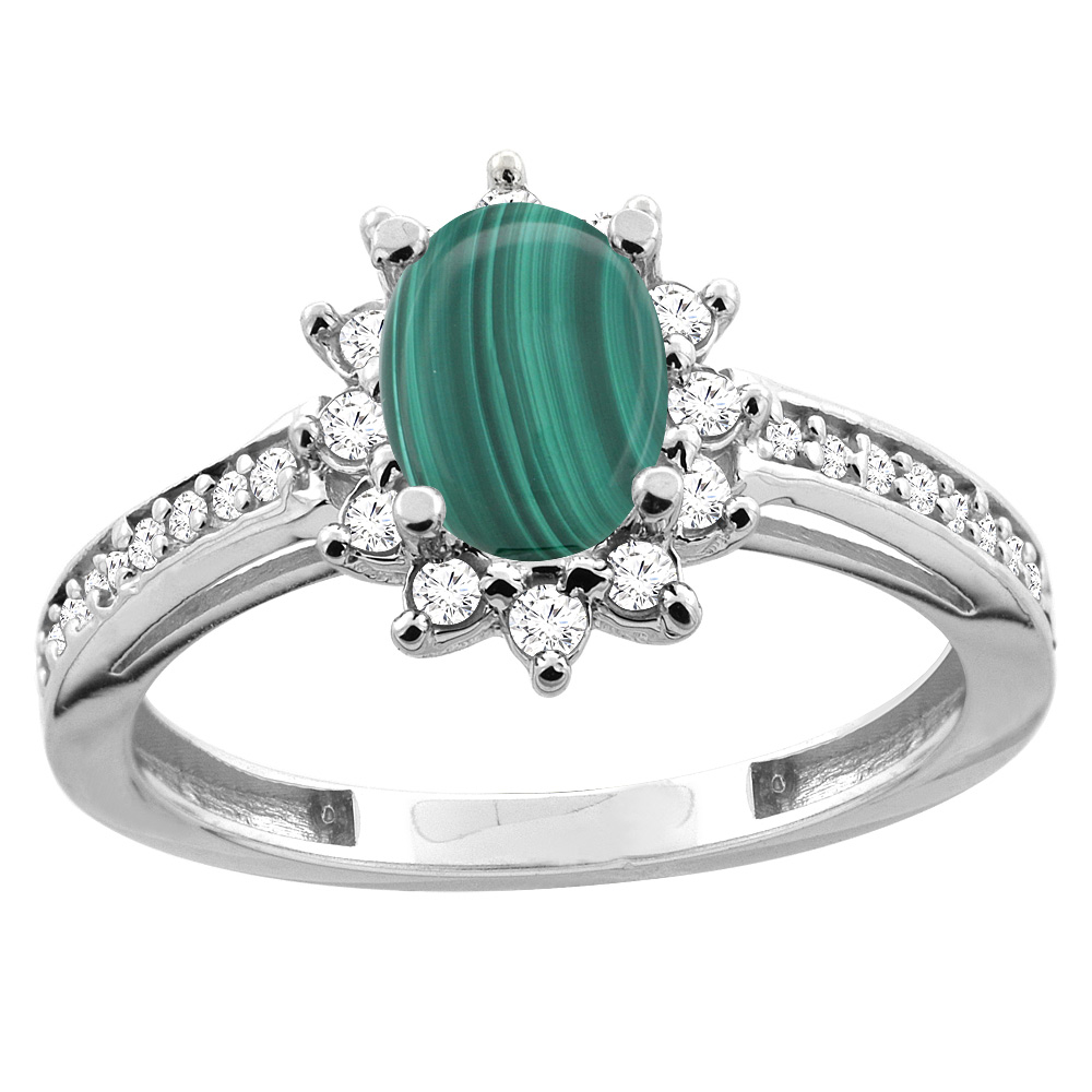 10K White/Yellow Gold Diamond Natural Malachite Floral Halo Engagement Ring Oval 7x5mm, sizes 5 - 10