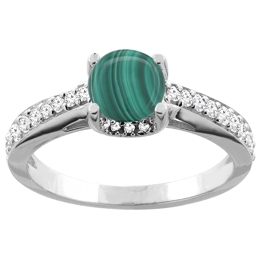 14K White/Yellow Gold Natural Malachite Ring Round 6mm Diamond Accents 1/4 inch wide, sizes 5 - 10