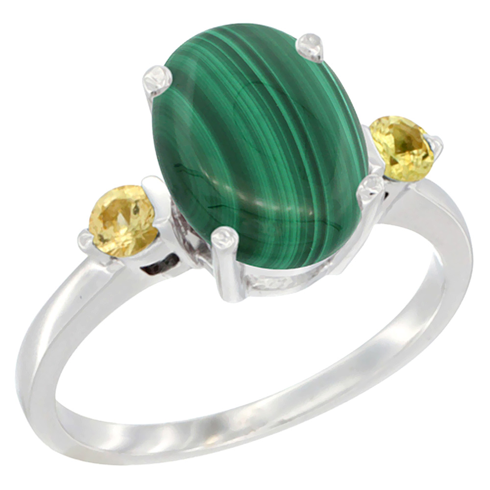 14K White Gold 10x8mm Oval Natural Malachite Ring for Women Yellow Sapphire Side-stones sizes 5 - 10