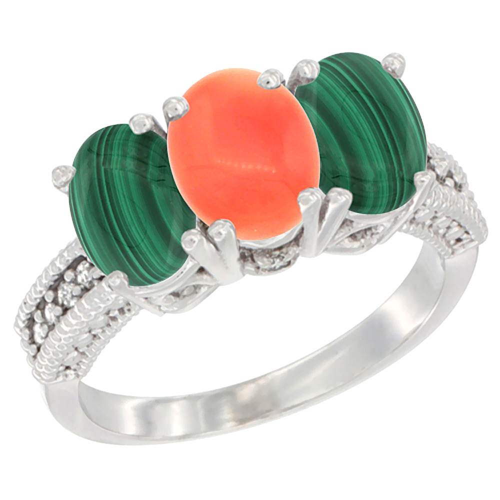 14K White Gold Natural Coral Ring with Malachite 3-Stone 7x5 mm Oval Diamond Accent, sizes 5 - 10