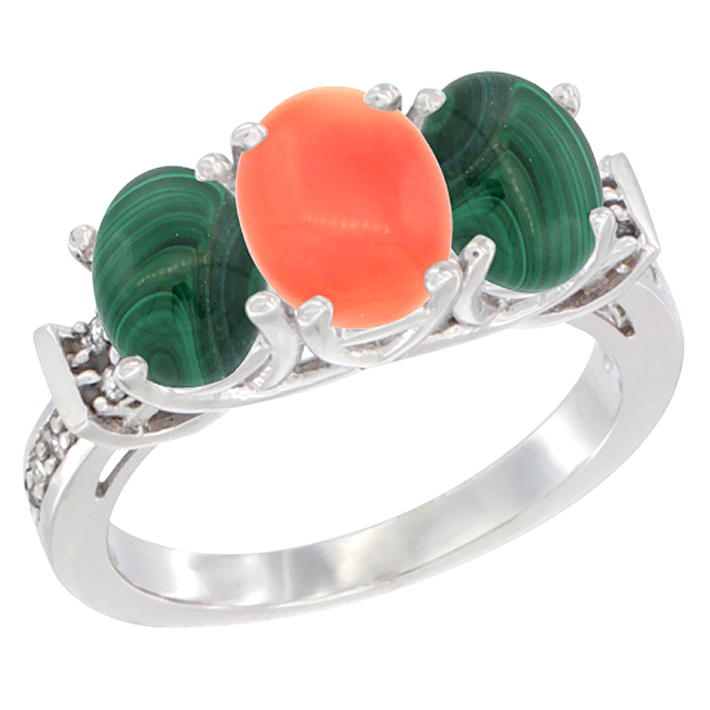 14K White Gold Natural Coral &amp; Malachite Sides Ring 3-Stone Oval Diamond Accent, sizes 5 - 10