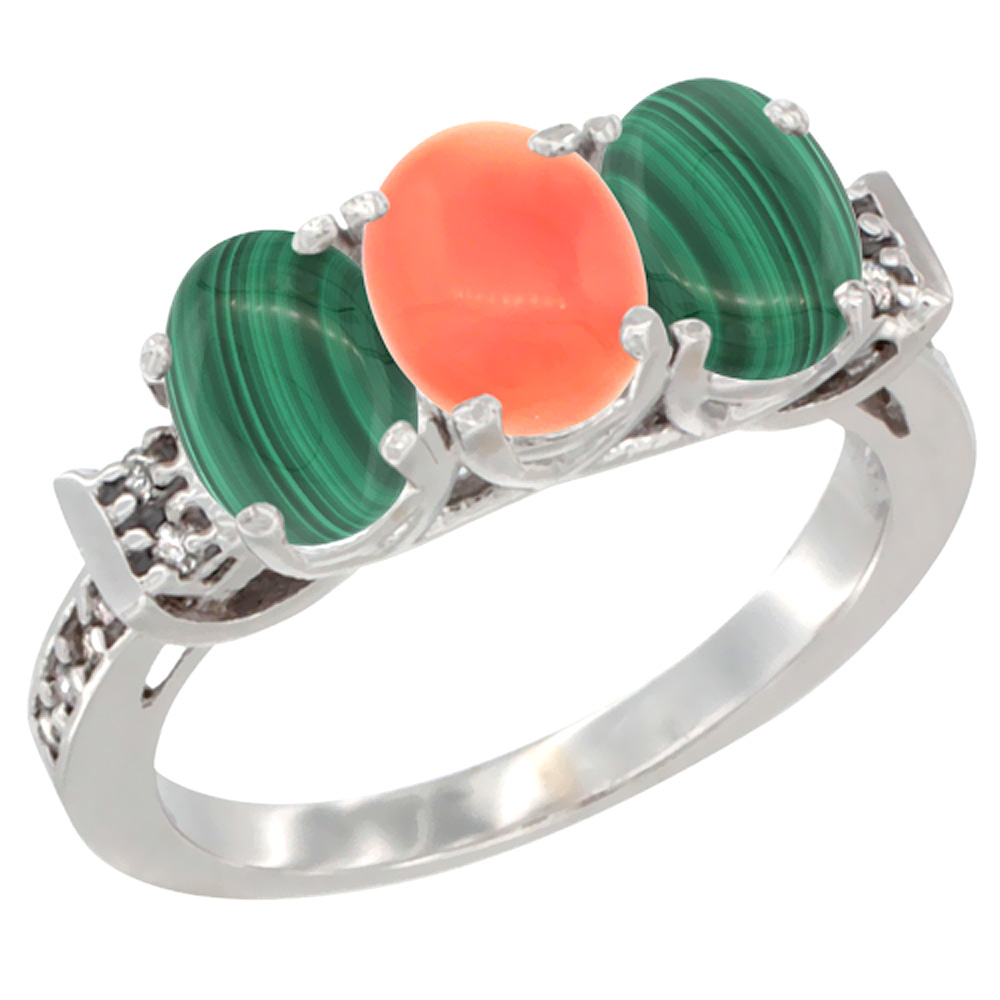 10K White Gold Natural Coral &amp; Malachite Sides Ring 3-Stone Oval 7x5 mm Diamond Accent, sizes 5 - 10