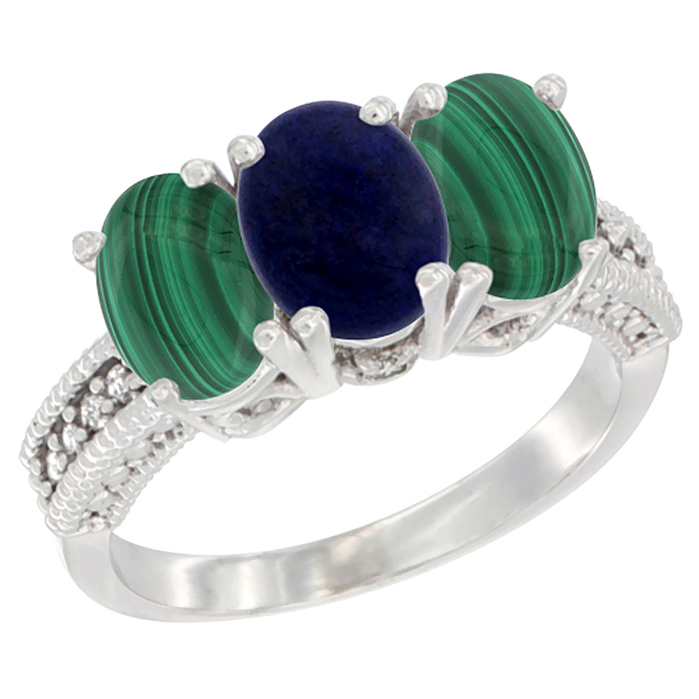 14K White Gold Natural Lapis Ring with Malachite 3-Stone 7x5 mm Oval Diamond Accent, sizes 5 - 10