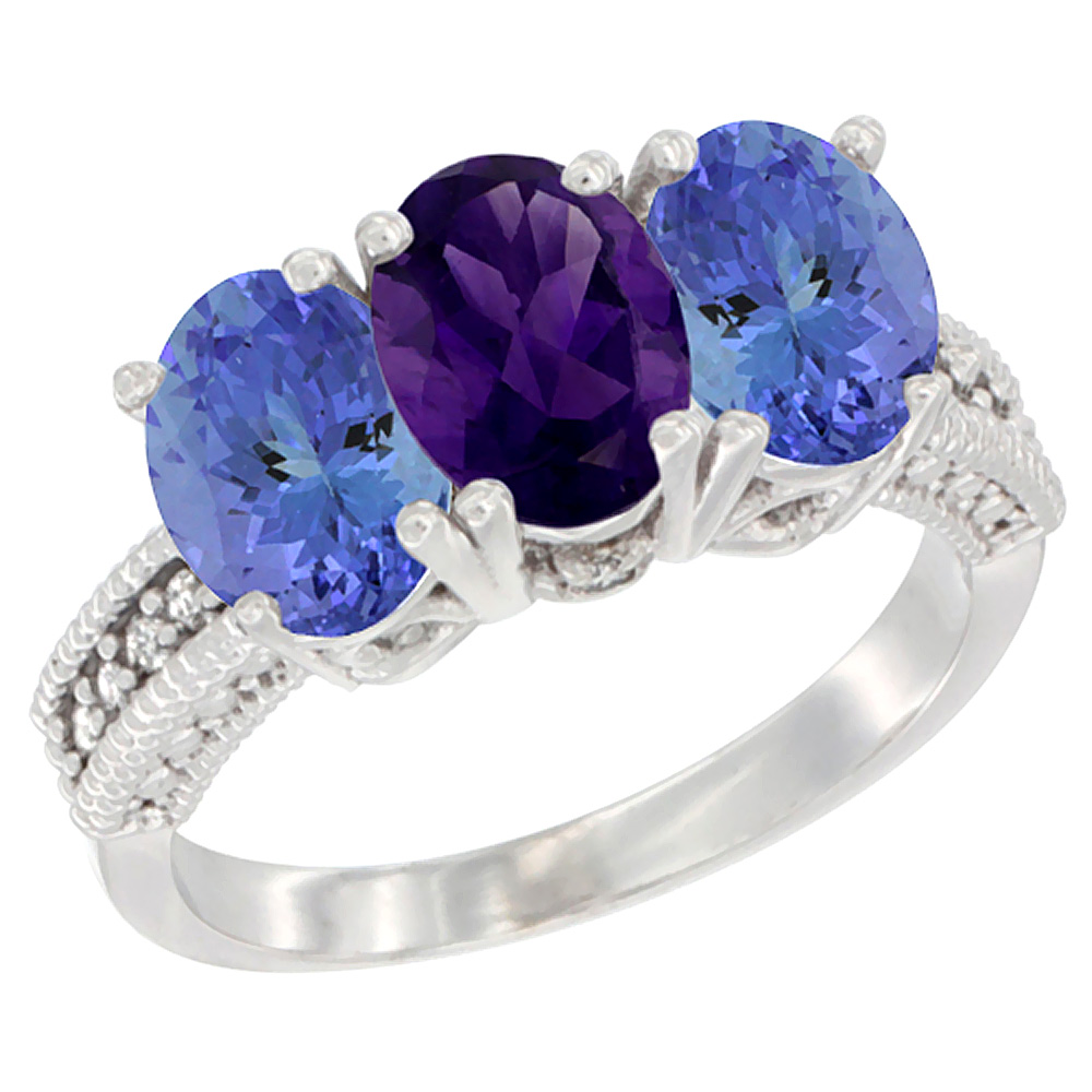 14K White Gold Natural Amethyst Ring with Tanzanite 3-Stone 7x5 mm Oval Diamond Accent, sizes 5 - 10
