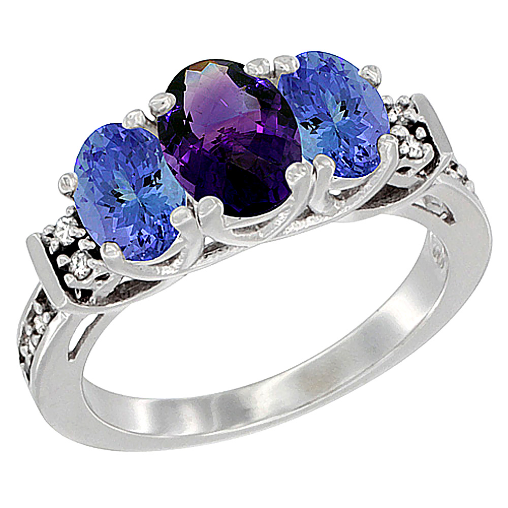14K White Gold Natural Amethyst &amp; Tanzanite Ring 3-Stone Oval Diamond Accent, sizes 5-10