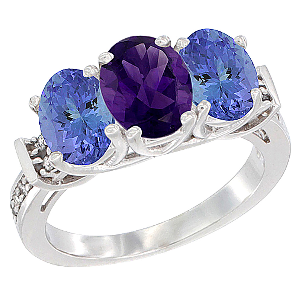 10K White Gold Natural Amethyst &amp; Tanzanite Sides Ring 3-Stone Oval Diamond Accent, sizes 5 - 10