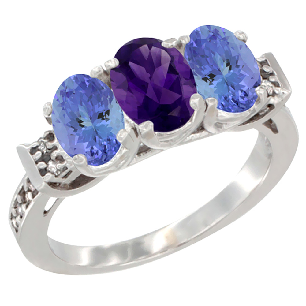 14K White Gold Natural Amethyst &amp; Tanzanite Ring 3-Stone 7x5 mm Oval Diamond Accent, sizes 5 - 10