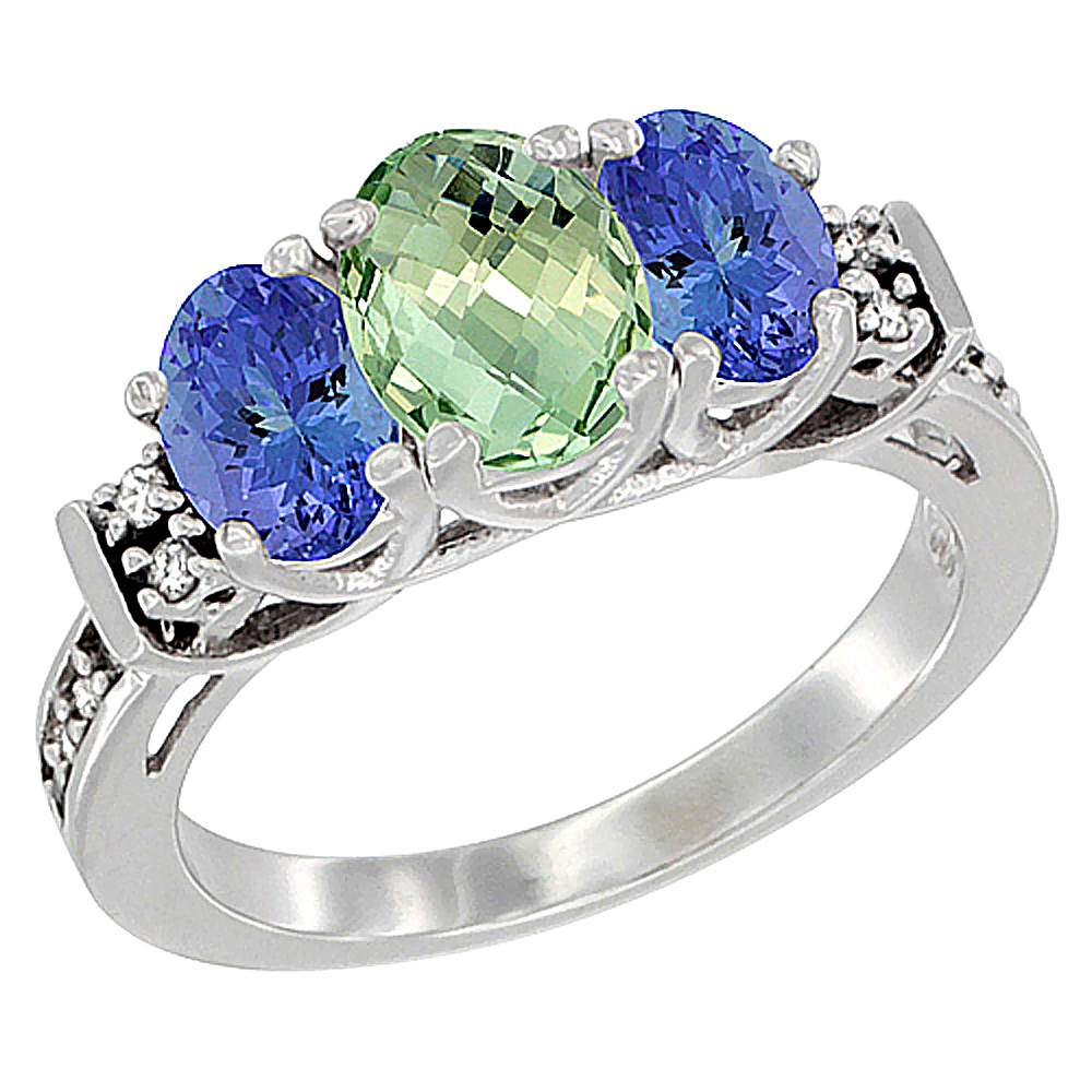 14K White Gold Natural Green Amethyst & Tanzanite Ring 3-Stone Oval Diamond Accent, sizes 5-10
