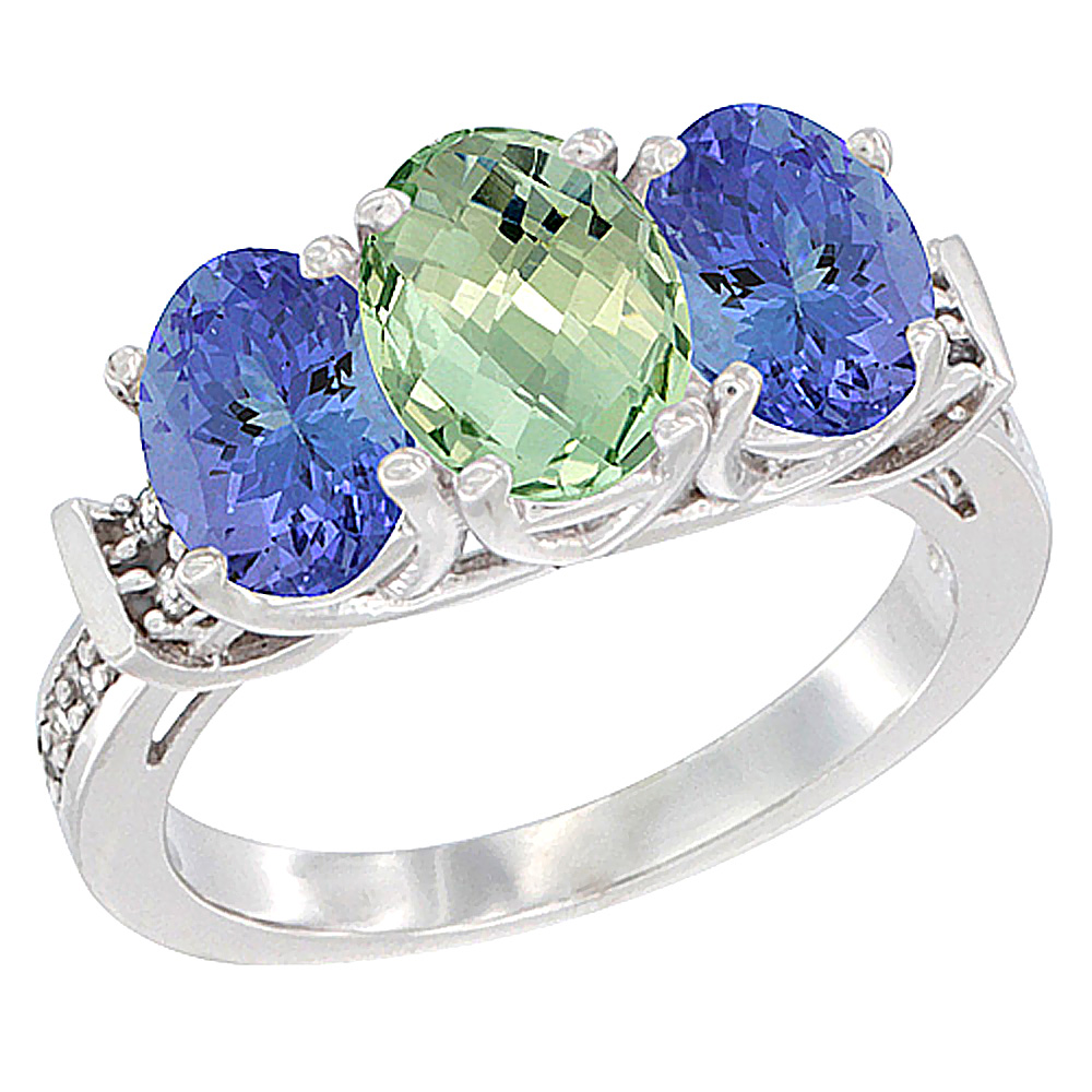 14K White Gold Natural Green Amethyst &amp; Tanzanite Sides Ring 3-Stone Oval Diamond Accent, sizes 5 - 10