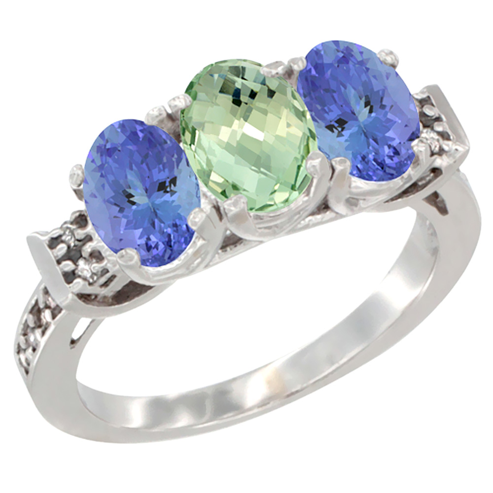 10K White Gold Natural Green Amethyst &amp; Tanzanite Sides Ring 3-Stone Oval 7x5 mm Diamond Accent, sizes 5 - 10