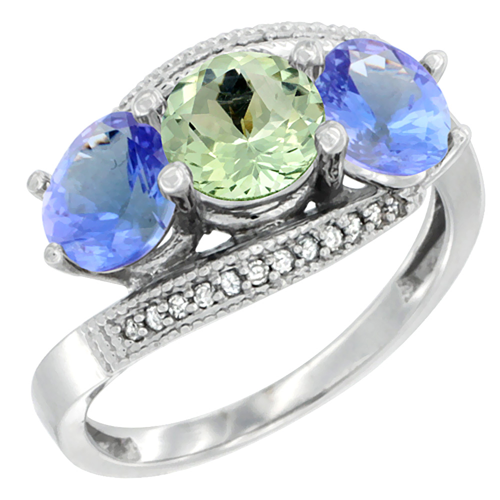 14K White Gold Natural Green Amethyst &amp; Tanzanite Sides 3 stone Ring Round 6mm Diamond Accent, sizes 5 - 10