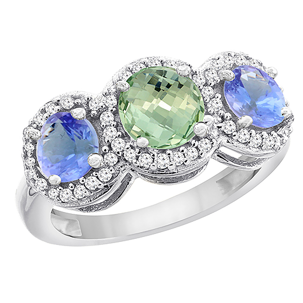 10K White Gold Natural Green Amethyst & Tanzanite Sides Round 3-stone Ring Diamond Accents, sizes 5 - 10