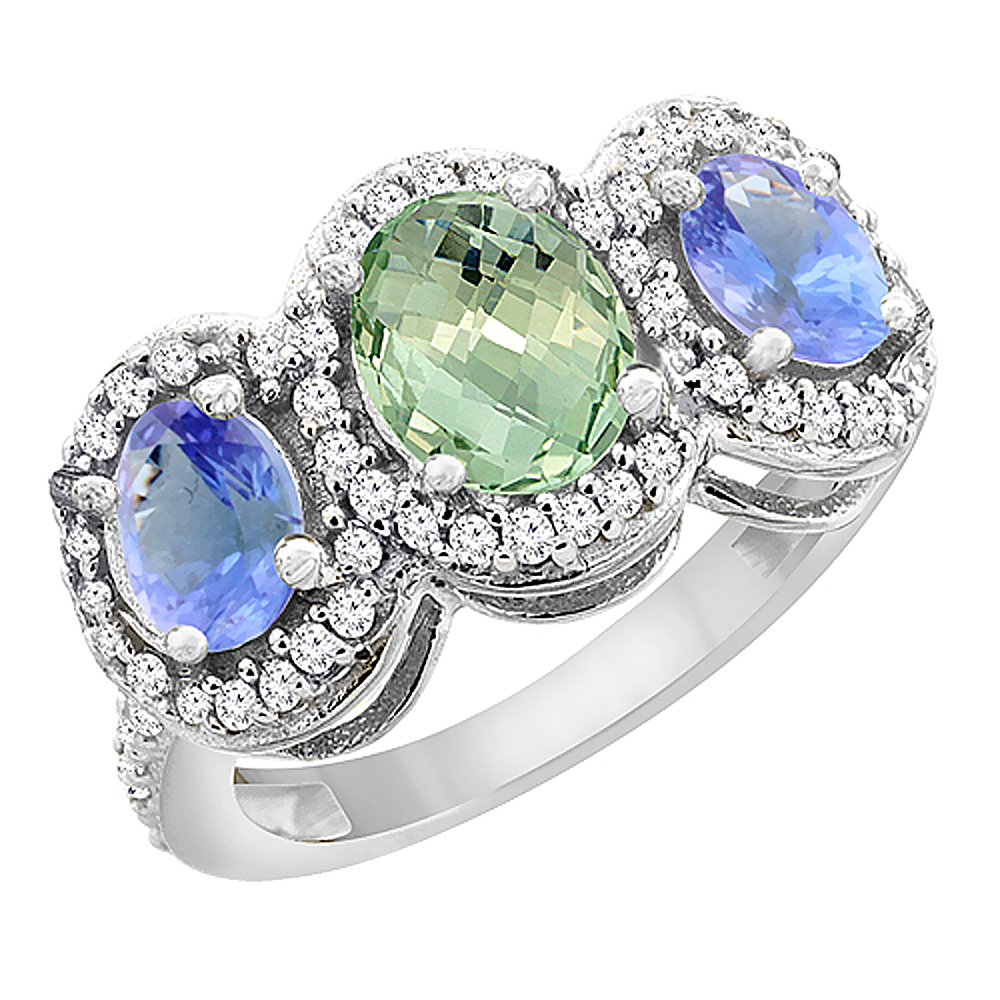 14K White Gold Natural Green Amethyst &amp; Tanzanite 3-Stone Ring Oval Diamond Accent, sizes 5 - 10