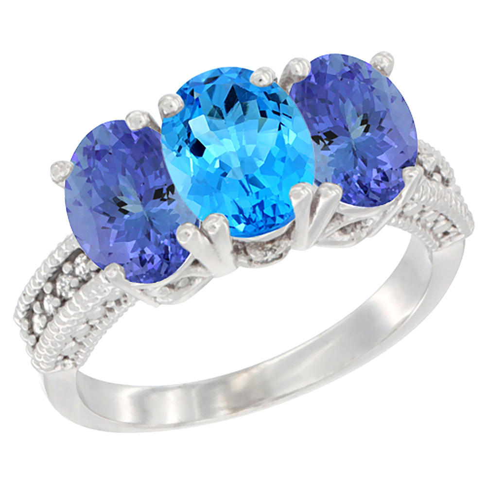 14K White Gold Natural Swiss Blue Topaz Ring with Tanzanite 3-Stone 7x5 mm Oval Diamond Accent, sizes 5 - 10