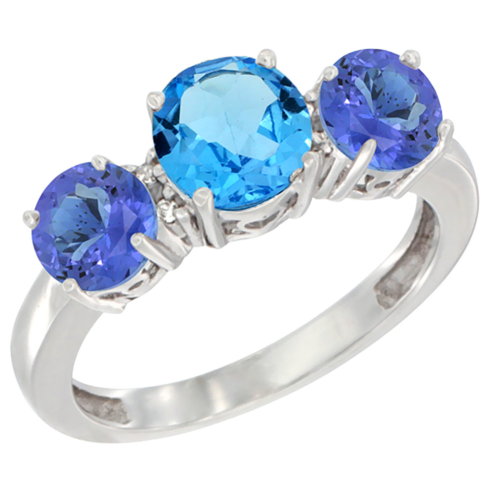 14K White Gold Round 3-Stone Natural Swiss Blue Topaz Ring &amp; Tanzanite Sides Diamond Accent, sizes 5 - 10