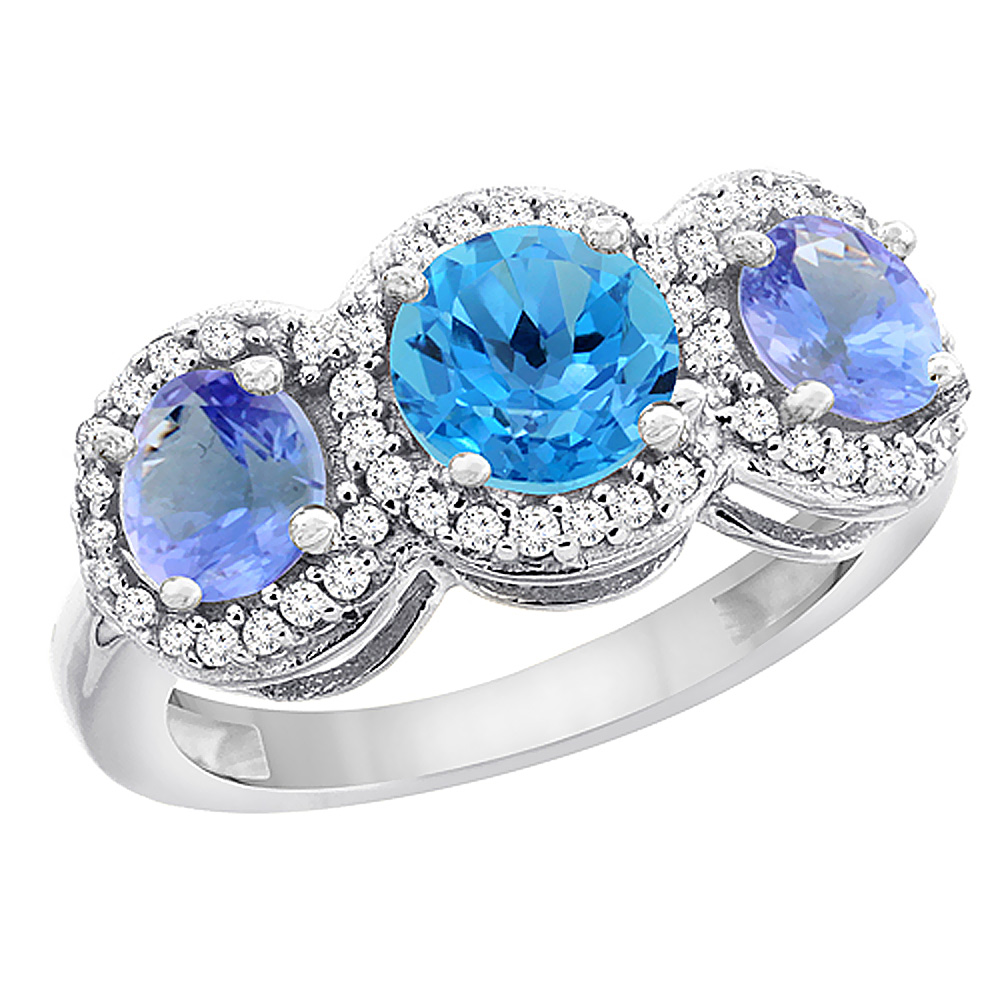 14K White Gold Natural Swiss Blue Topaz & Tanzanite Sides Round 3-stone Ring Diamond Accents, sizes 5 - 10