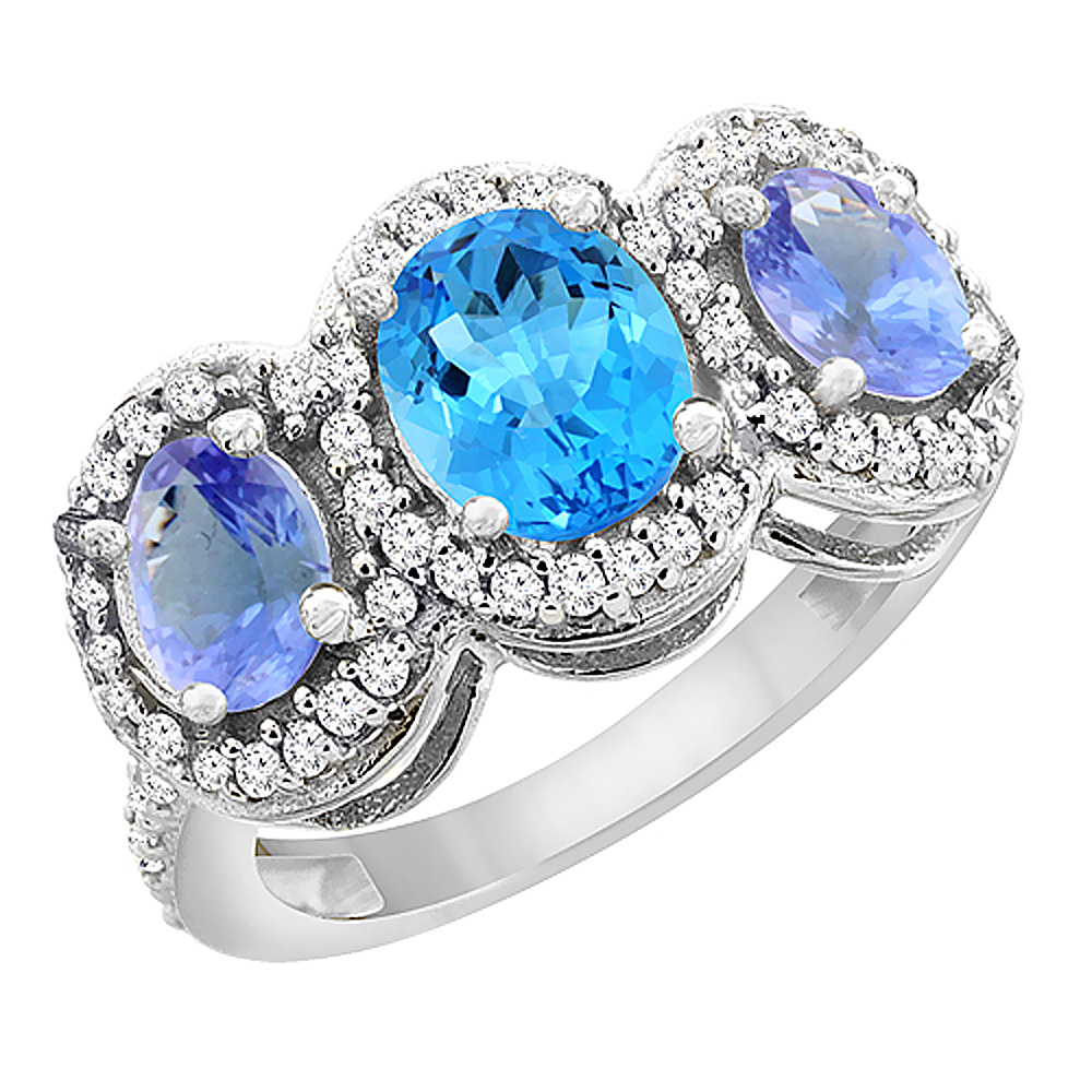 14K White Gold Natural Swiss Blue Topaz & Tanzanite 3-Stone Ring Oval Diamond Accent, sizes 5 - 10