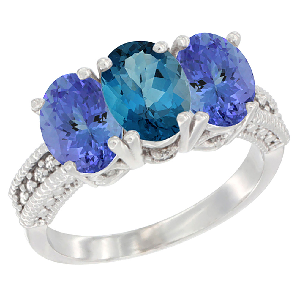 14K White Gold Natural London Blue Topaz Ring with Tanzanite 3-Stone 7x5 mm Oval Diamond Accent, sizes 5 - 10