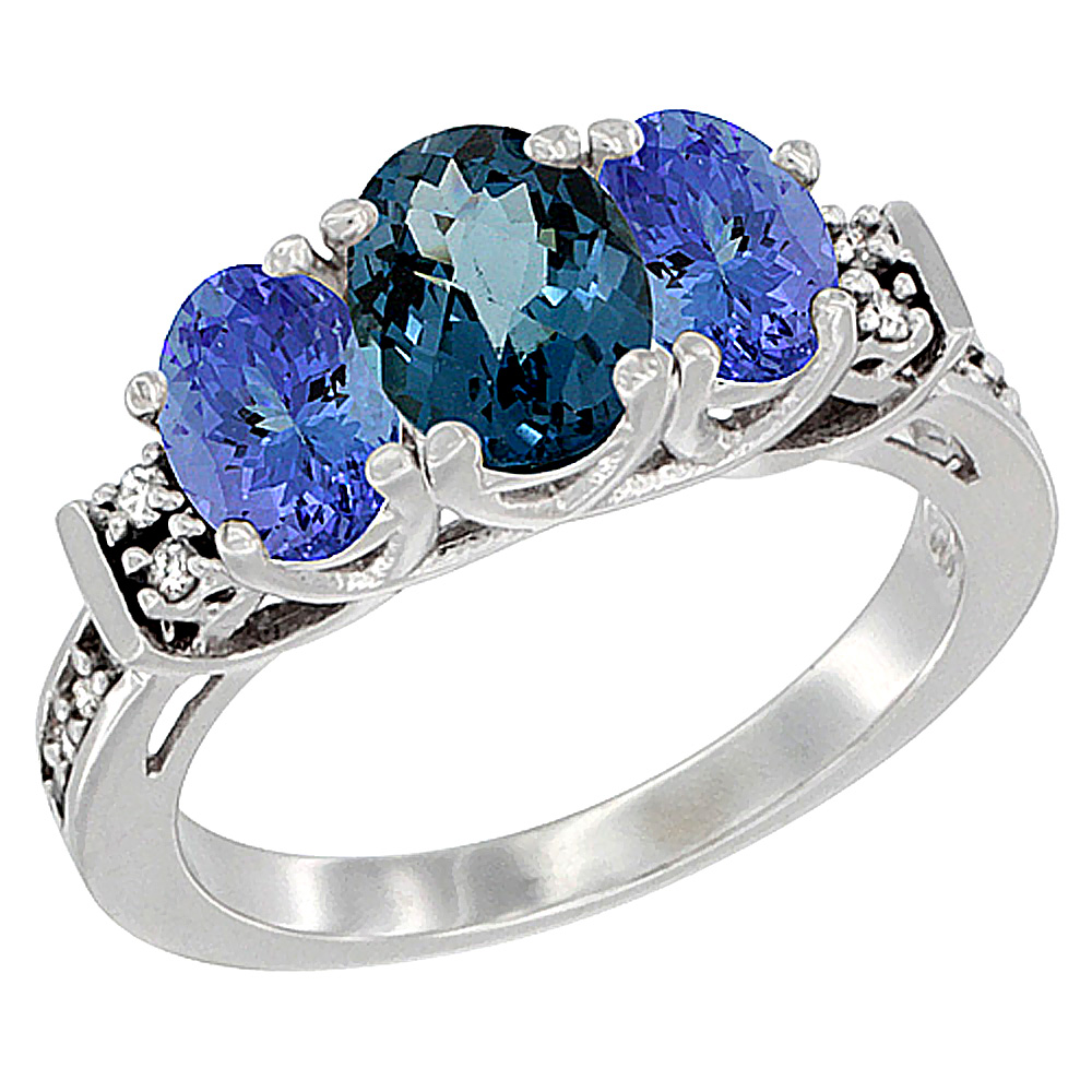 10K White Gold Natural London Blue Topaz & Tanzanite Ring 3-Stone Oval Diamond Accent, sizes 5-10
