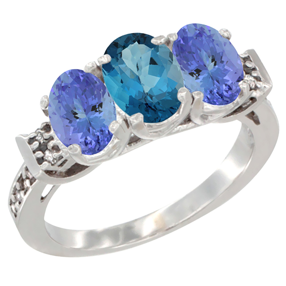 14K White Gold Natural London Blue Topaz & Tanzanite Ring 3-Stone 7x5 mm Oval Diamond Accent, sizes 5 - 10