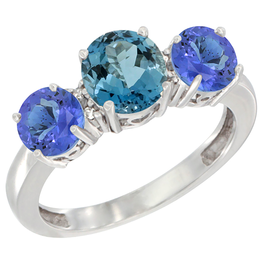 10K White Gold Round 3-Stone Natural London Blue Topaz Ring &amp; Tanzanite Sides Diamond Accent, sizes 5 - 10