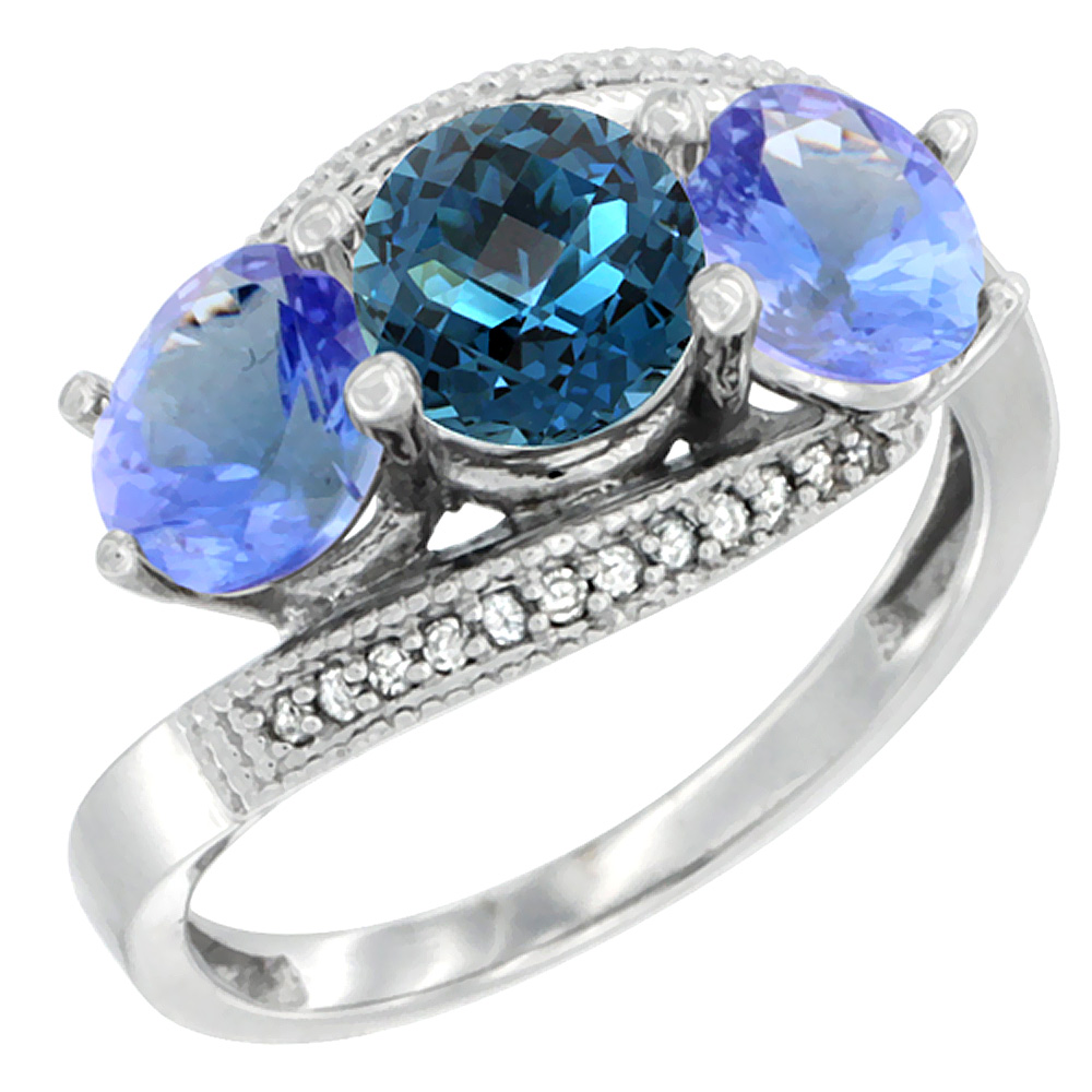 14K White Gold Natural London Blue Topaz &amp; Tanzanite Sides 3 stone Ring Round 6mm Diamond Accent, sizes 5 - 10