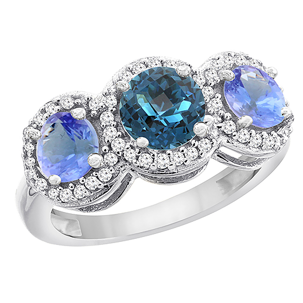 14K White Gold Natural London Blue Topaz & Tanzanite Sides Round 3-stone Ring Diamond Accents, sizes 5 - 10