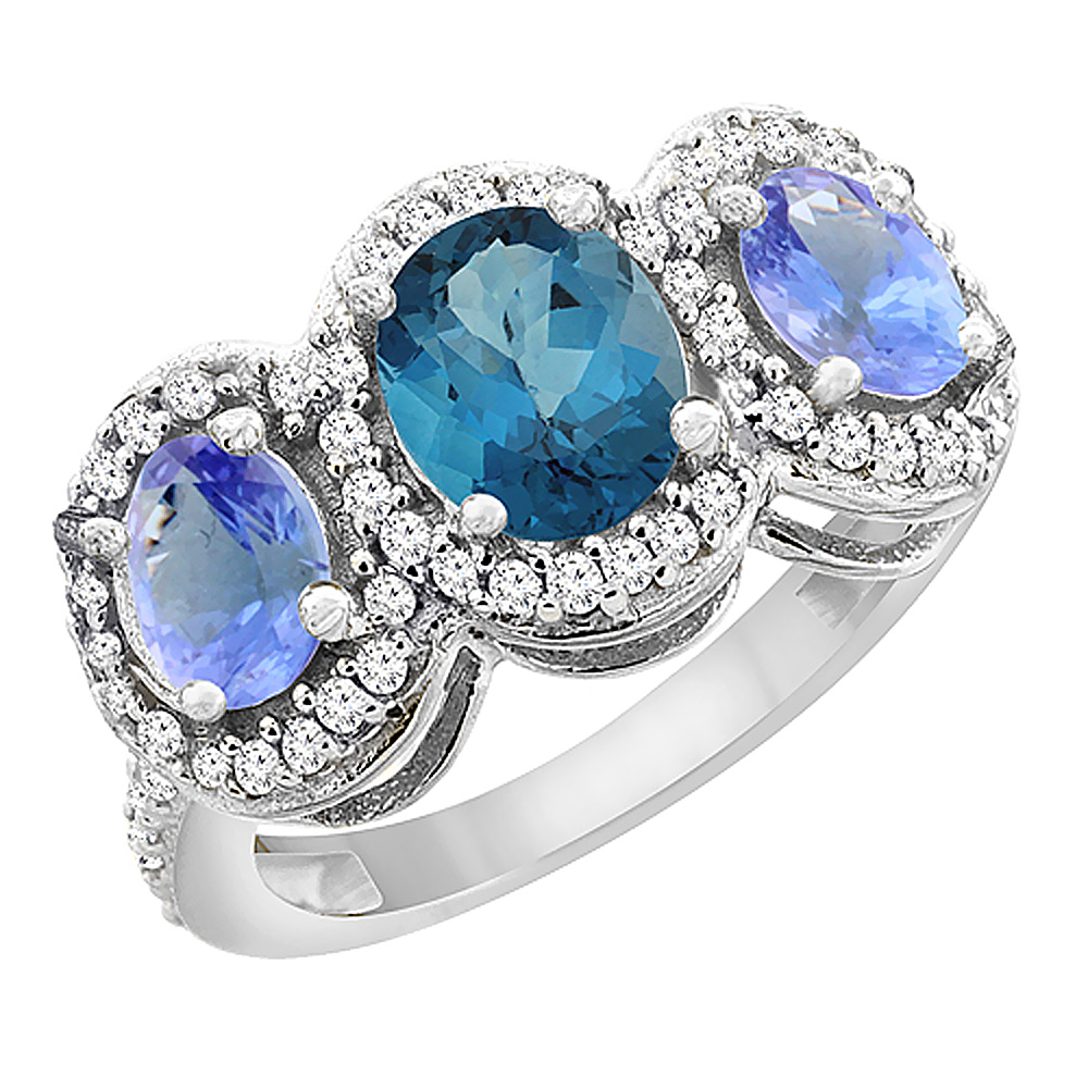 14K White Gold Natural London Blue Topaz & Tanzanite 3-Stone Ring Oval Diamond Accent, sizes 5 - 10