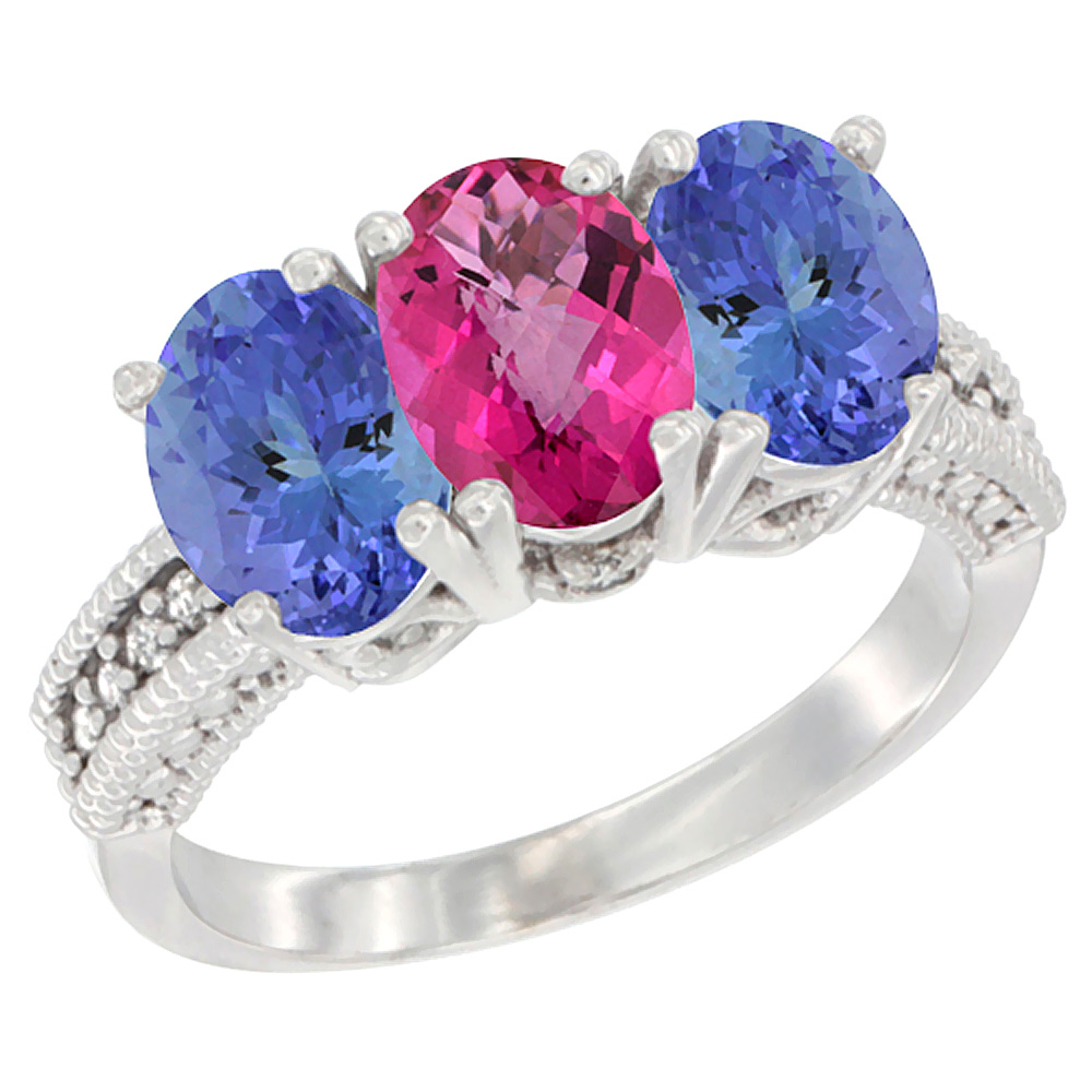 14K White Gold Natural Pink Topaz Ring with Tanzanite 3-Stone 7x5 mm Oval Diamond Accent, sizes 5 - 10