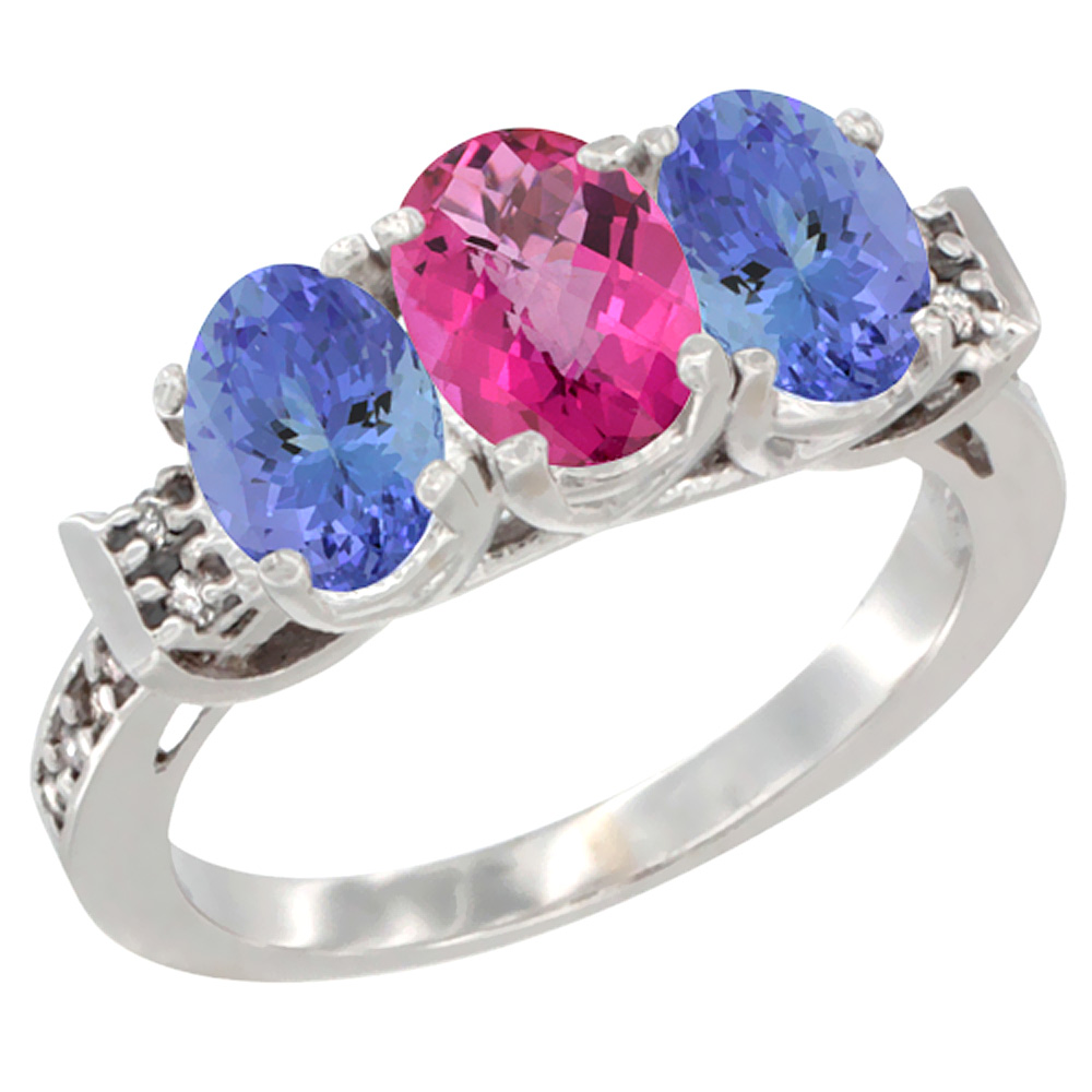 10K White Gold Natural Pink Topaz &amp; Tanzanite Sides Ring 3-Stone Oval 7x5 mm Diamond Accent, sizes 5 - 10
