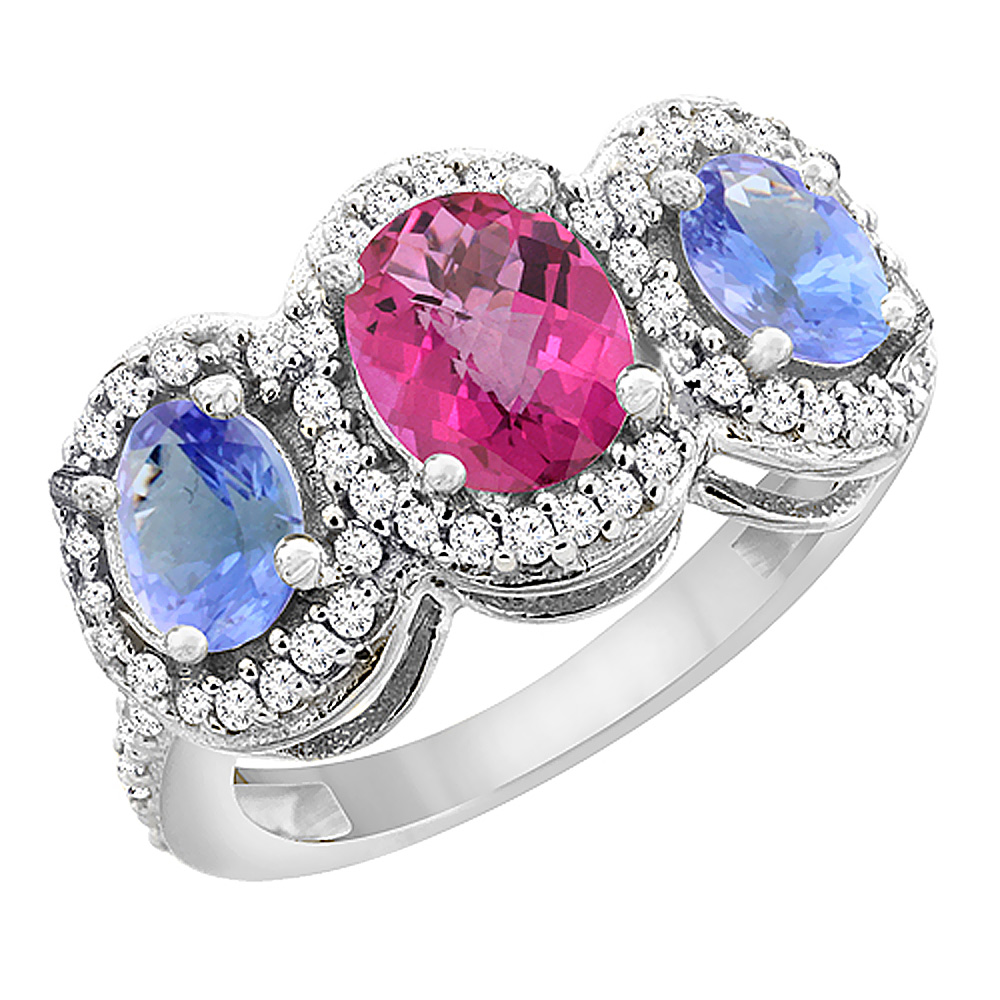 14K White Gold Natural Pink Sapphire & Tanzanite 3-Stone Ring Oval Diamond Accent, sizes 5 - 10