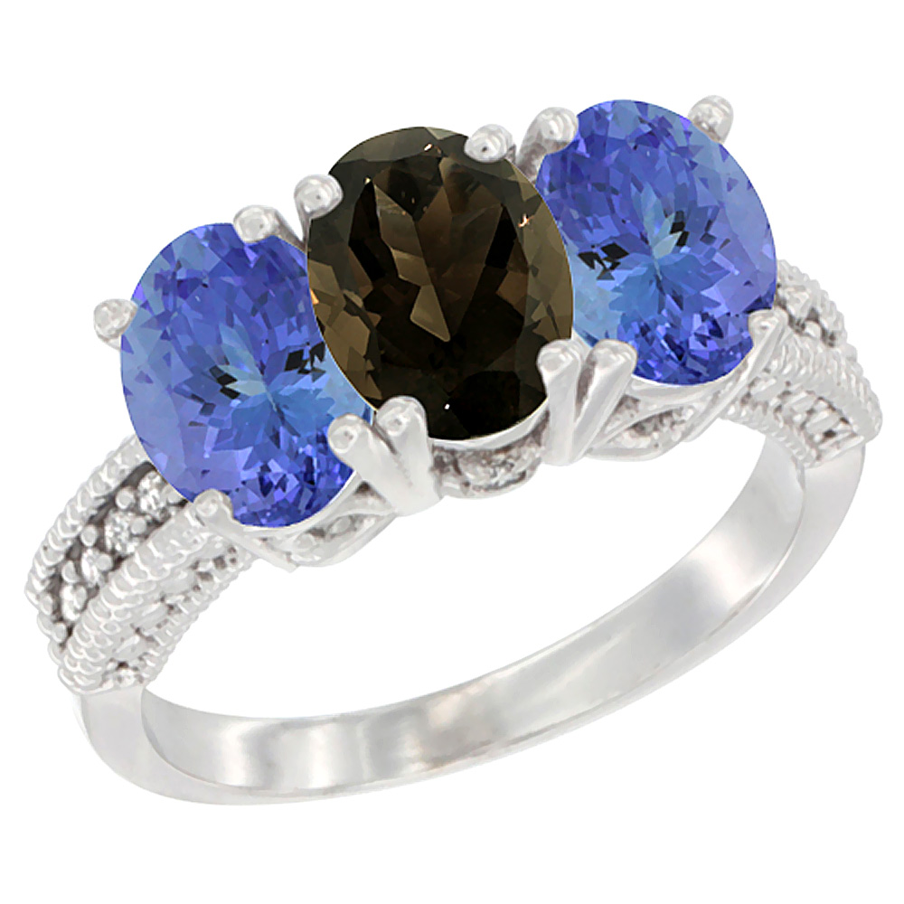 14K White Gold Natural Smoky Topaz Ring with Tanzanite 3-Stone 7x5 mm Oval Diamond Accent, sizes 5 - 10