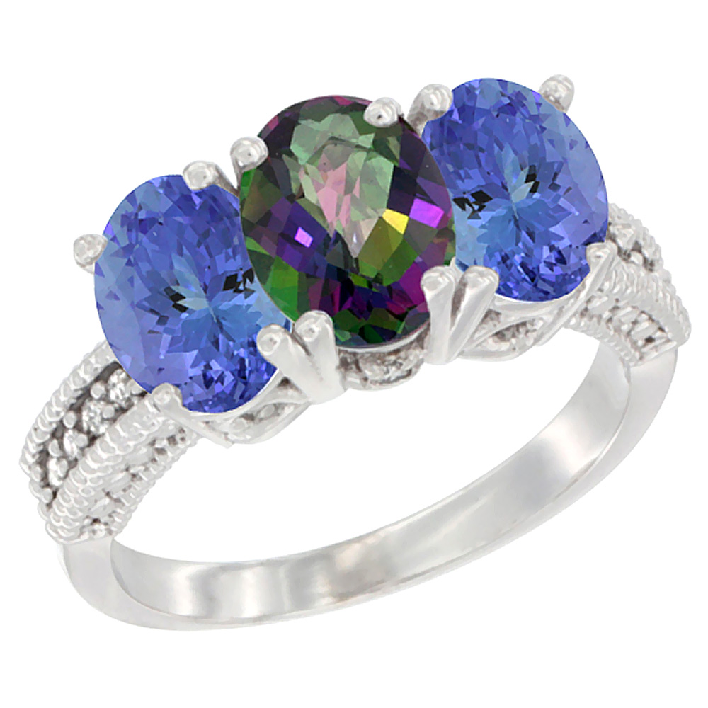 14K White Gold Natural Mystic Topaz Ring with Tanzanite 3-Stone 7x5 mm Oval Diamond Accent, sizes 5 - 10