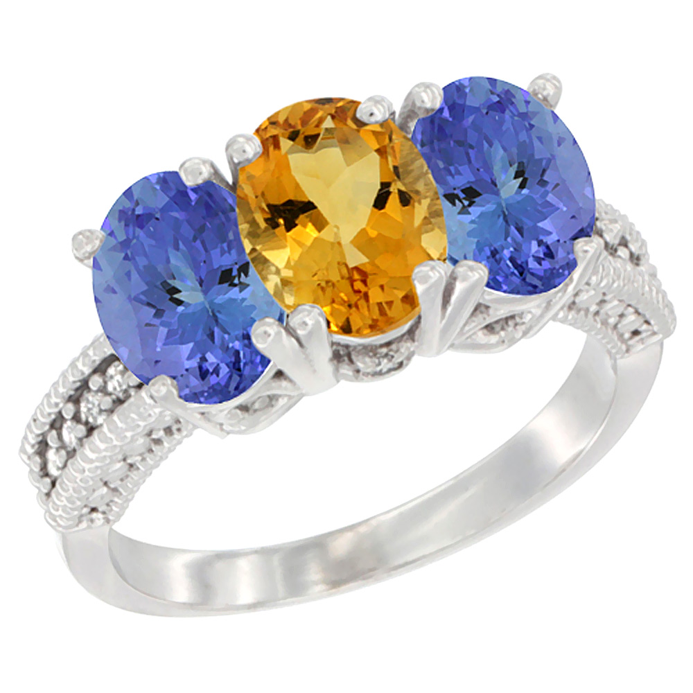 14K White Gold Natural Citrine Ring with Tanzanite 3-Stone 7x5 mm Oval Diamond Accent, sizes 5 - 10