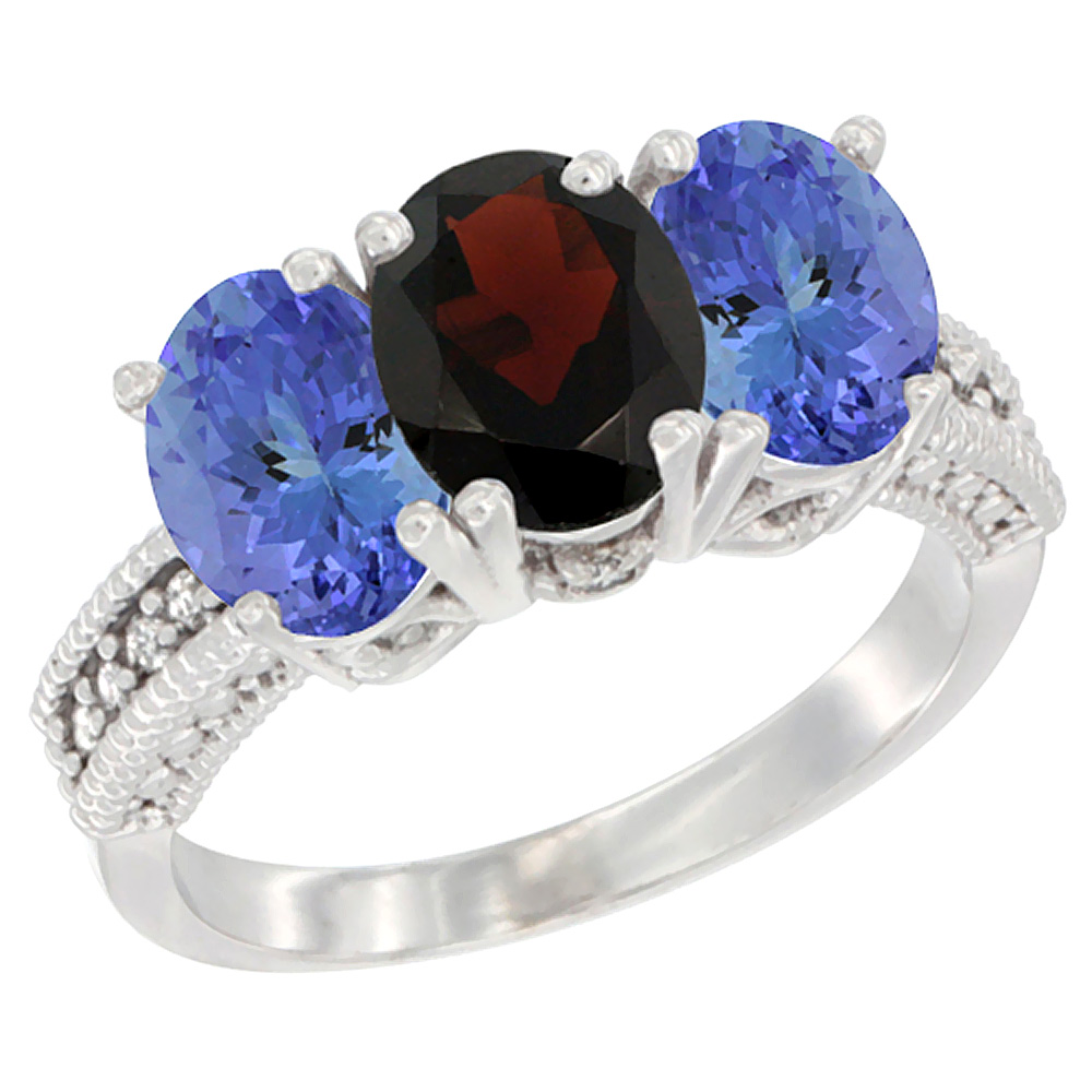 14K White Gold Natural Garnet Ring with Tanzanite 3-Stone 7x5 mm Oval Diamond Accent, sizes 5 - 10