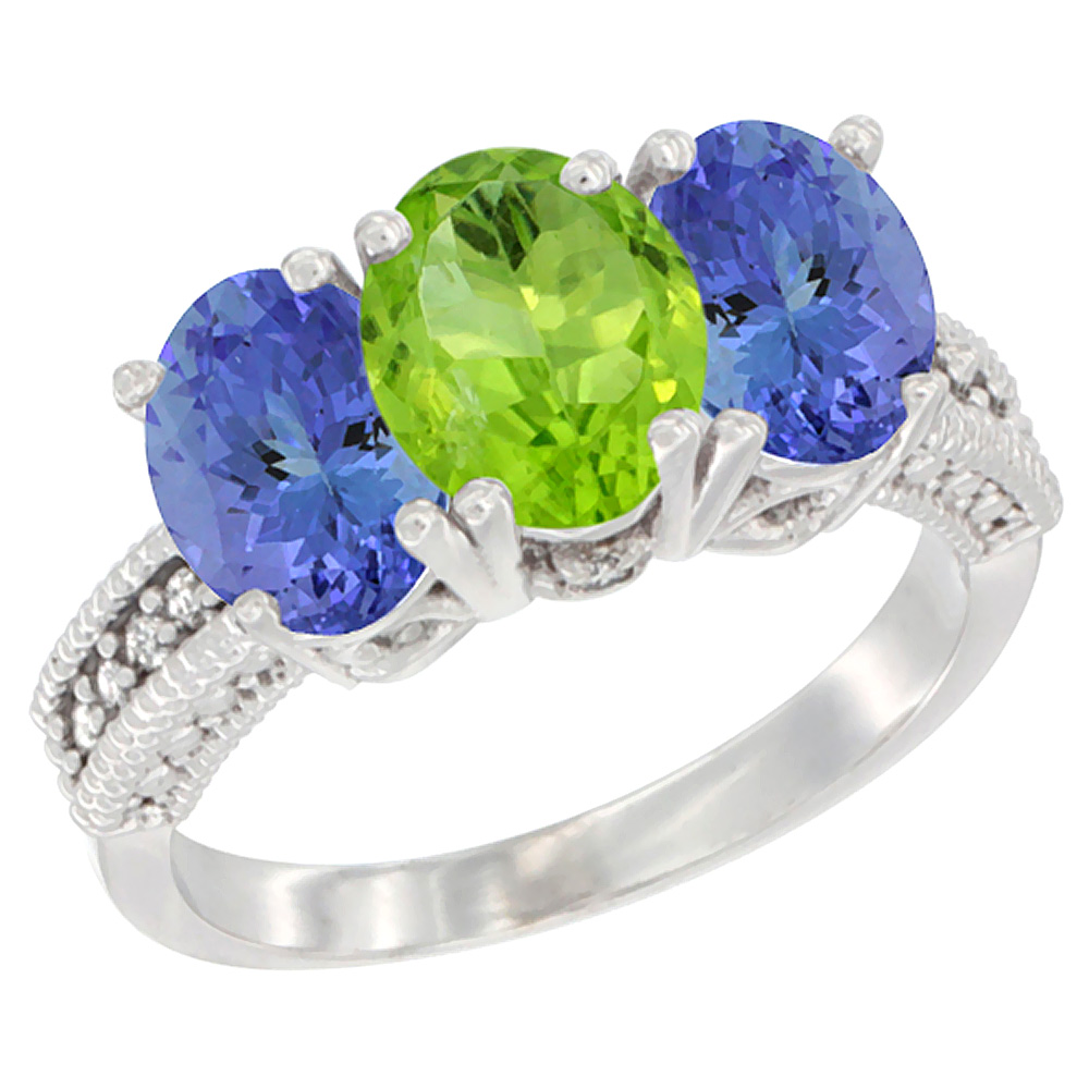 14K White Gold Natural Peridot Ring with Tanzanite 3-Stone 7x5 mm Oval Diamond Accent, sizes 5 - 10