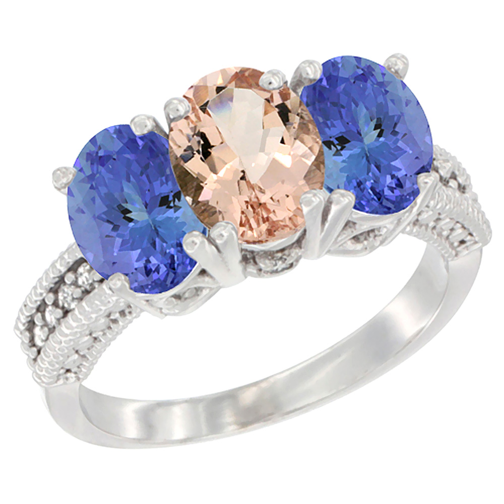 14K White Gold Natural Morganite Ring with Tanzanite 3-Stone 7x5 mm Oval Diamond Accent, sizes 5 - 10