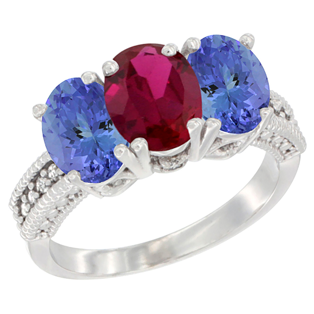 14K White Gold Enhanced Ruby Ring with Natural Tanzanite 3-Stone 7x5 mm Oval Diamond Accent, sizes 5 - 10