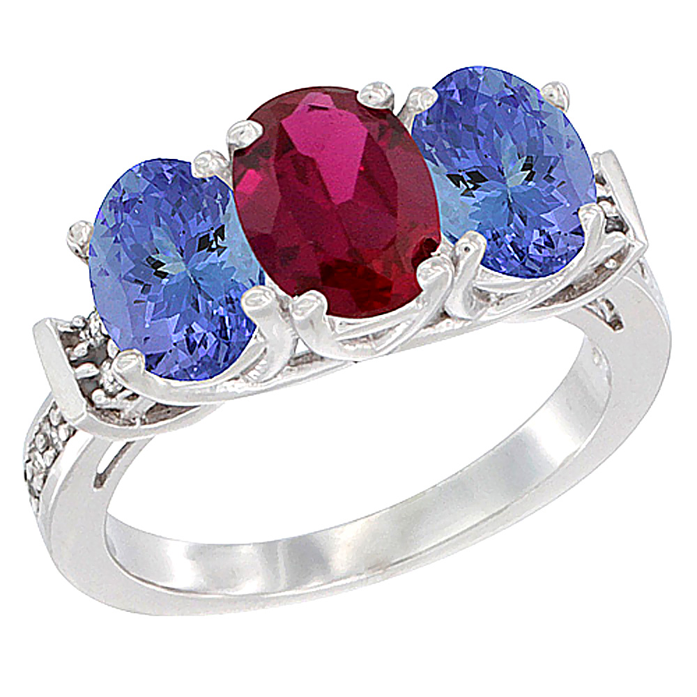 14K White Gold Natural High Quality Ruby & Tanzanite Sides Ring 3-Stone Oval Diamond Accent, sizes 5 - 10